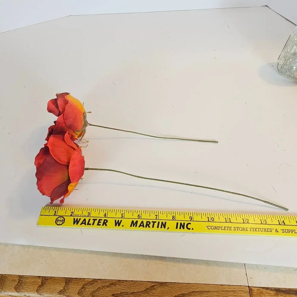 Artificial Large Red Orange Roses 16 Stems Faux Silk Fall Wedding Floral Lot